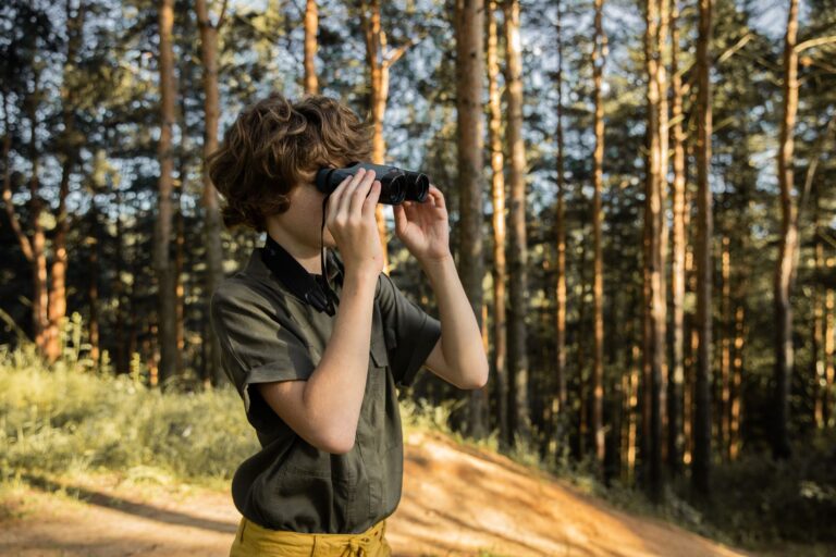 Jovem observador de aves usa binóculo para acompanhar pássaros entre as copas de uma trilha arborizada